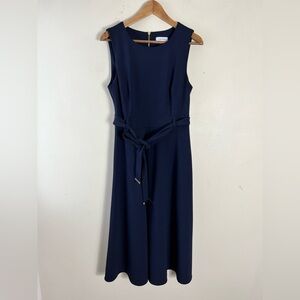 Calvin Klein Dark Navy Size 10 Fit & Flare Midi Dress Sleeveless Belted